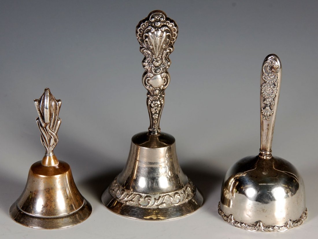 THREE ANTIQUE BELLS WITH STERLING SILVER HANDLES (1 of 5)