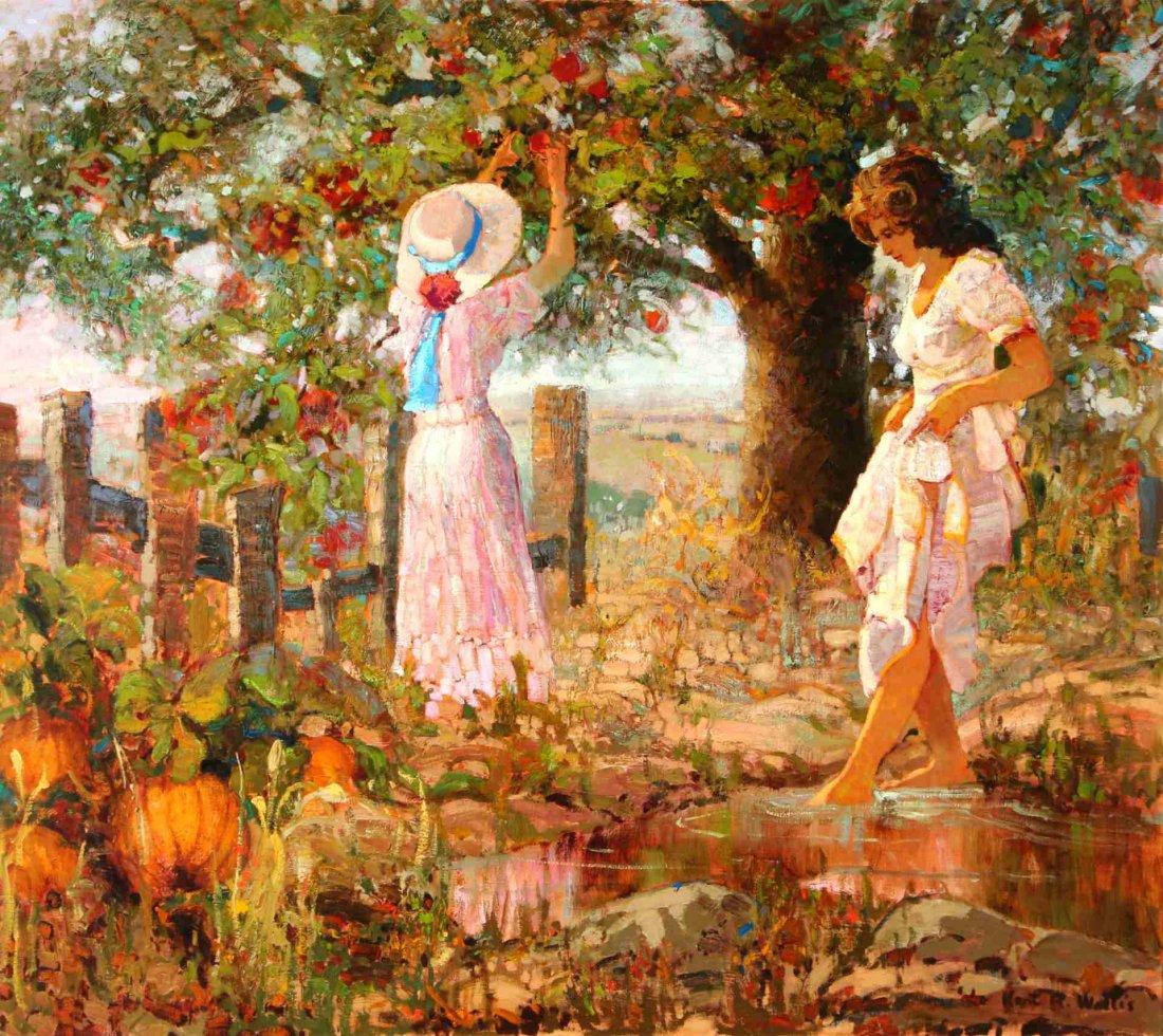 KENT R. WALLIS (BORN 1945) OIL ON CANVAS: Women in a sunlit orchard, signed lower right, canvas measures 48 x 54, frame measures 57 x 63 inches.