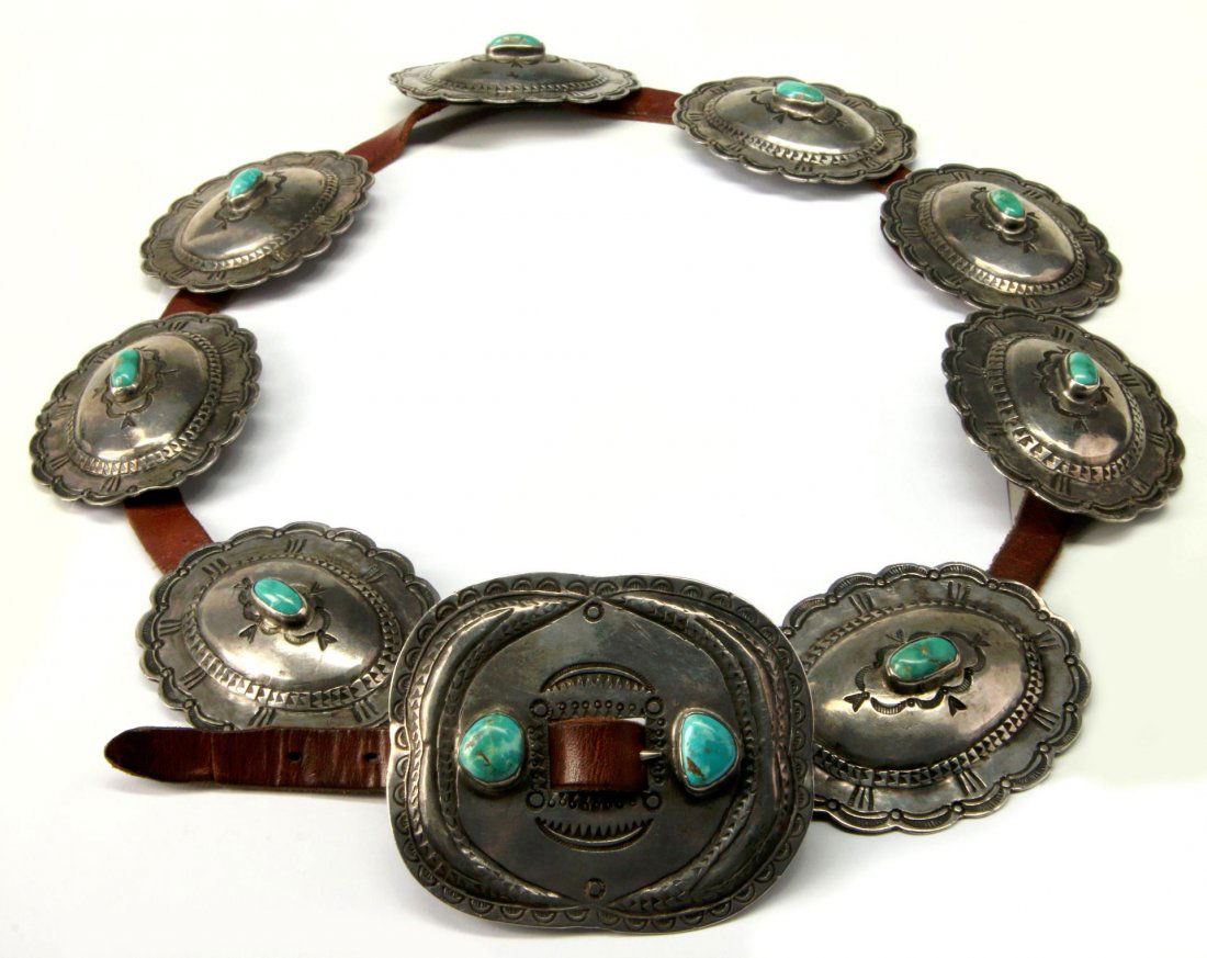 A GREAT PRIMITIVE SILVER AND TURQUOISE CONCHO BELT (1 of 7)
