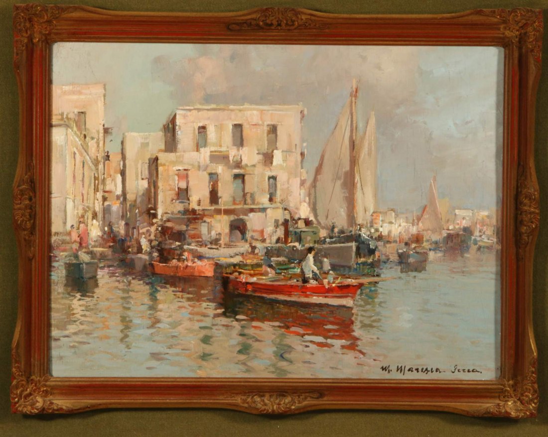 MARIO MARESCA SERRA (ITALY, 1912-1990) OIL ON BOARD: A sunlit Venetian scene signed lower right and again verso, board measures 12 x 15.5, frame measures 20.75 x 24.75 inches.