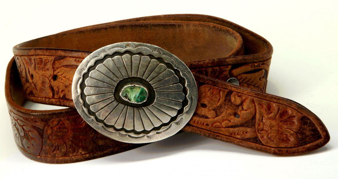 STERLING BELT BUCKLE WITH TOOLED LEATHER BELT (1 of 7)