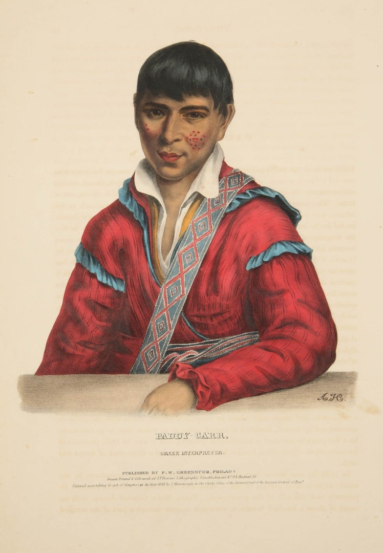 MCKENNEY & HALL PADDY-CARR HAND COLORED LITHOGRAPH: Hand colored, 'Paddy-Carr, Creek Interpreter,' published by F.W. Greenough, Philadelphia, from 'A History of the Indian Tribes of North America, 1837-1844.' 10.75 x 9.5 inch image field, 19.5 x 13.75 