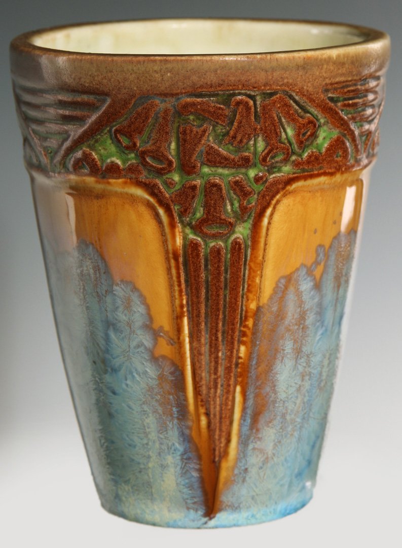 FRERES MOUGIN AND LOUIS MAJORELLE ART POTTERY VASE: Signed and lettered on the base in both relief and incised lettering including Freres 'Nancy France' in relief and the Majorelle Mougin signatures incised as shown, measures 5 x 4 inches. We ship in-h