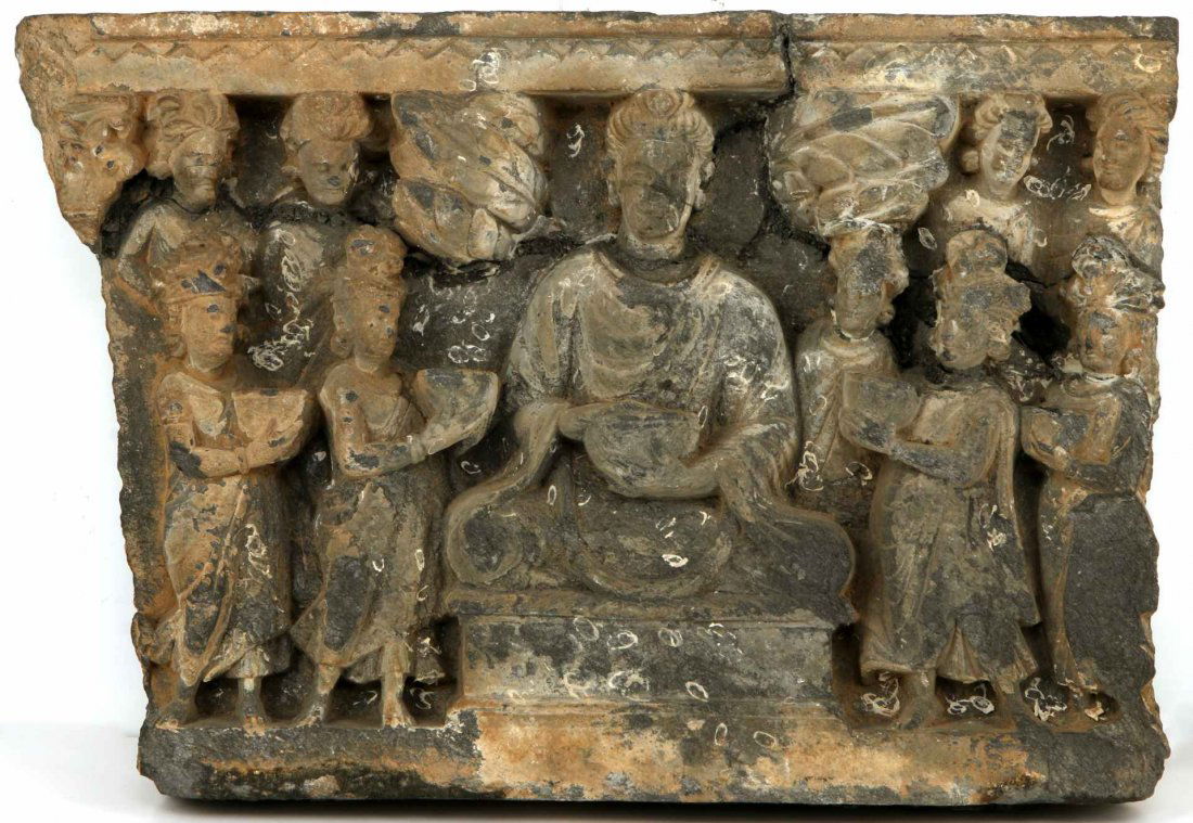 AN ANTIQUE BUDDHIST CARVED STONE FRIEZE FRAGMENT (1 of 10)
