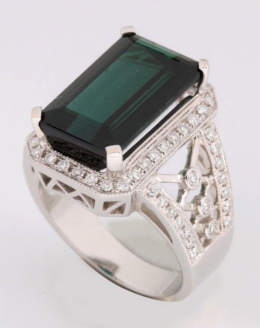 A LADIES 18K TOURMALINE RING WITH SIXTY-SIX DIAMONDS (1 of 8)