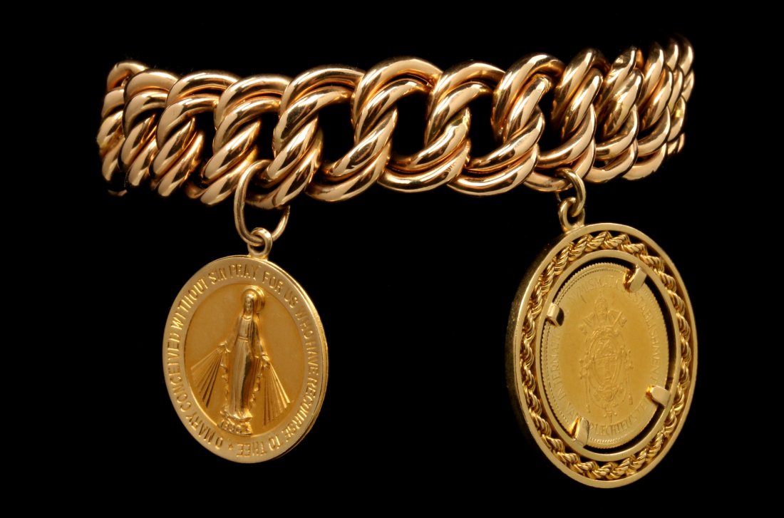 A 14K CURB LINK BRACELET WITH CHARM AND COIN (1 of 10)