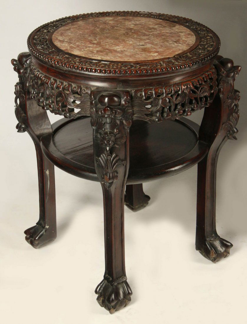 A CHINESE CARVED HARDWOOD AND MARBLE STAND TABLE (1 of 10)
