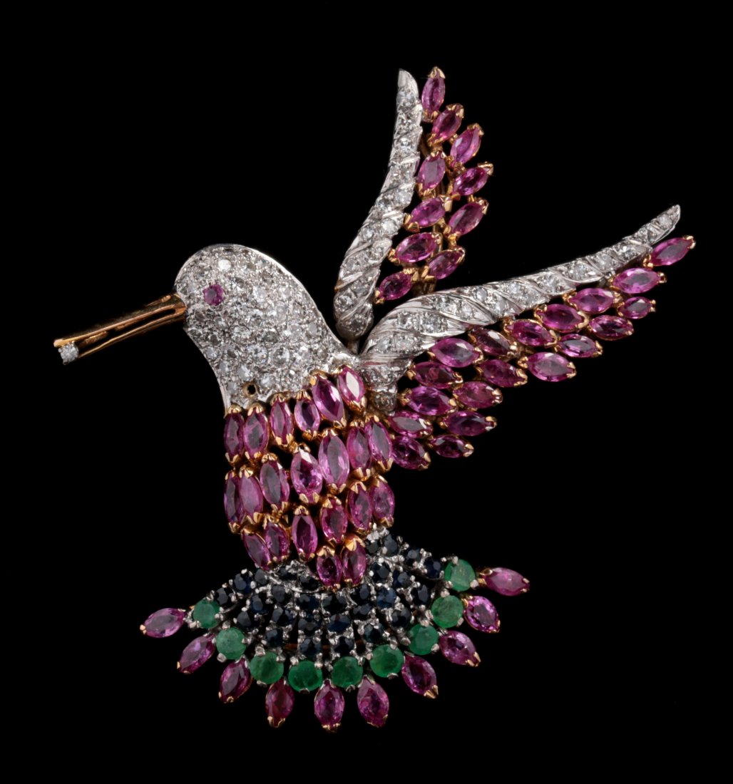 A GEMSTONE SET 14K GOLD FIGURAL HUMMINGBIRD BROOCH (1 of 7)