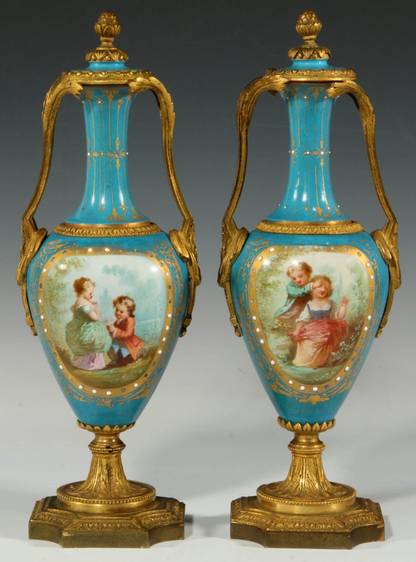 A PAIR 19C SEVRES-TYPE ORMOLU-MOUNTED PORCELAIN URNS (1 of 10)