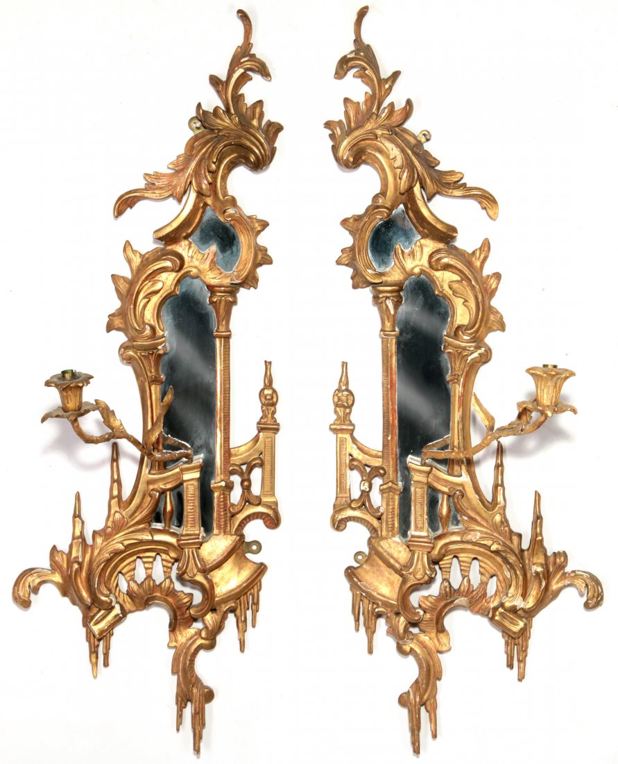 A PAIR CARVED GILDED ROCOCO STYLE MIRRORED SCONCES (1 of 7)