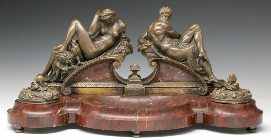 A 19TH CENTURY BRONZE AND ROUGE MARBLE DOUBLE INKWELL (1 of 10)