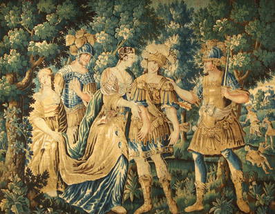 A 17TH C. BRUSSELS WOOL AND SILK MYTHOLOGICAL TAPESTRY: A 17th century figural tapestry picturing figures in armour, one wounded in his arm by an arrow, and two elegantly clad ladies in a wooded landscape with further depictions of battle, all within a