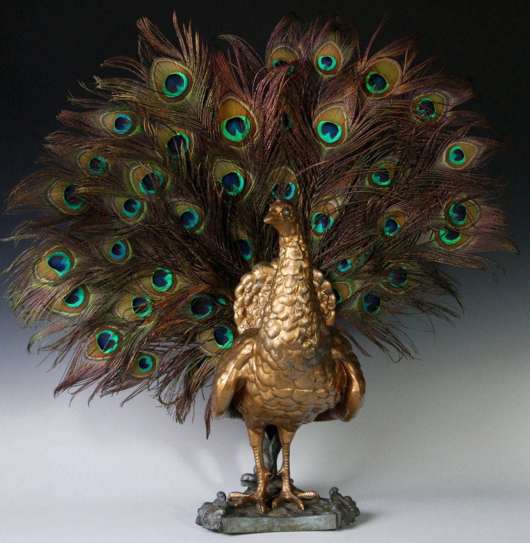 A VERY UNUSUAL CIRCA 1890 SPELTER PEACOCK FIGURE (1 of 10)