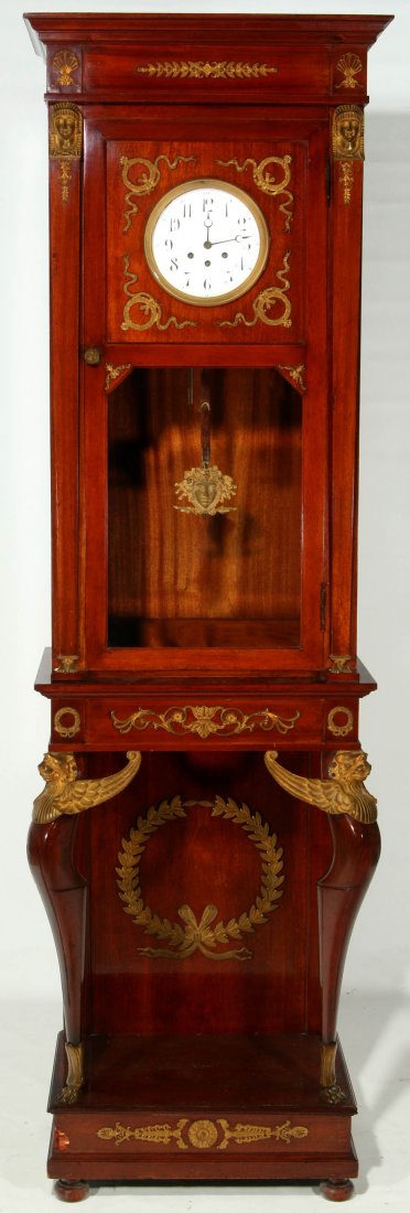 A 19TH C. TALL CLOCK, GUSTAV BECKER WESTMINSTER CHIME: In two parts, the French Empire style mahogany long case clock on stand a time and strike movement fitted with 8-rod chime signed Westminster Harfen-Gong DRP (Deutsches Reich Patent) GB for Gustav Bec