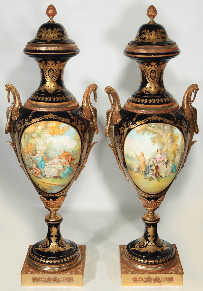 A PAIR MONUMENTAL SEVRES-TYPE FLOOR URNS 57 INCHES HIGH (1 of 10)