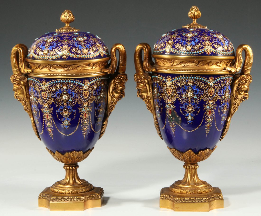 RARE FRENCH ENAMEL COVERED VASE PAIR, MANNER OF SEVRES (1 of 8)