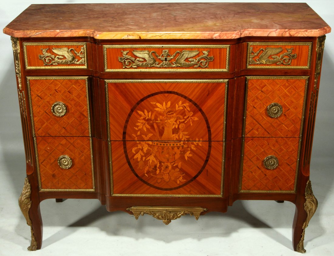 A 20TH C. LOUIS XVI STYLE MARBLE TOP SATINWOOD COMMODE (1 of 10)