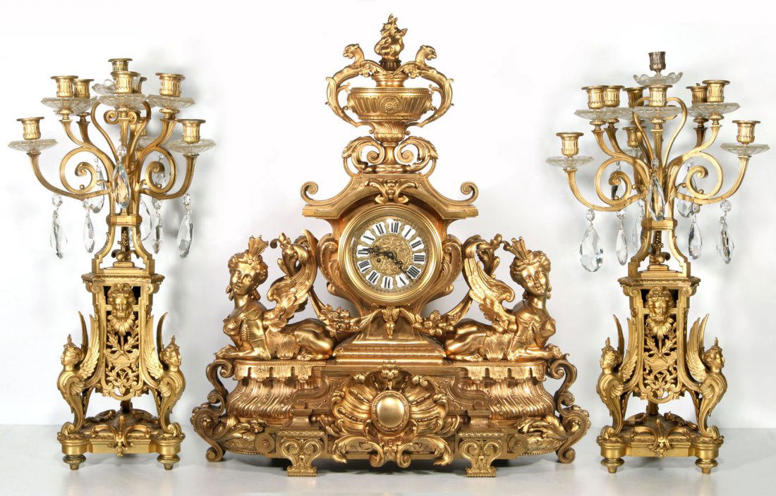 A MONUMENTAL DORÃ‰ GARNITURE CLOCK SET WITH FIGURES (1 of 10)