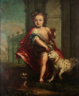 A CIRCA 16TH CENTURY MANNERIST SCHOOL OIL ON CANVAS: The portrait of a standing child figure, her body turned sharply in a twisting pose with billowing red cloak and holding a thin blue ribbon tied to the collar of a powerful Molossus type dog, to the f