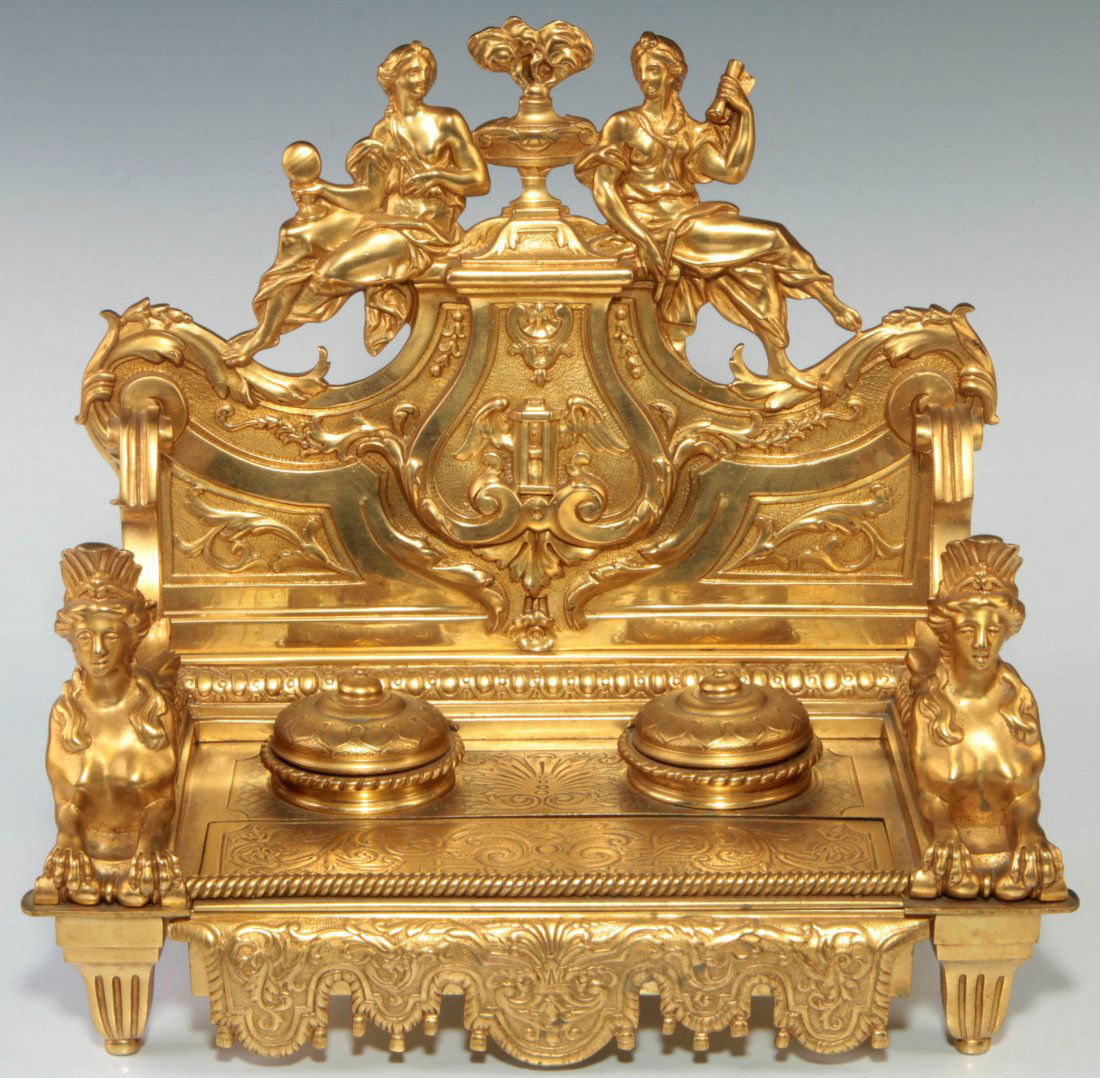 A NEO-CLASSICAL BRONZE DORE DOUBLE WELL INK STAND (1 of 8)