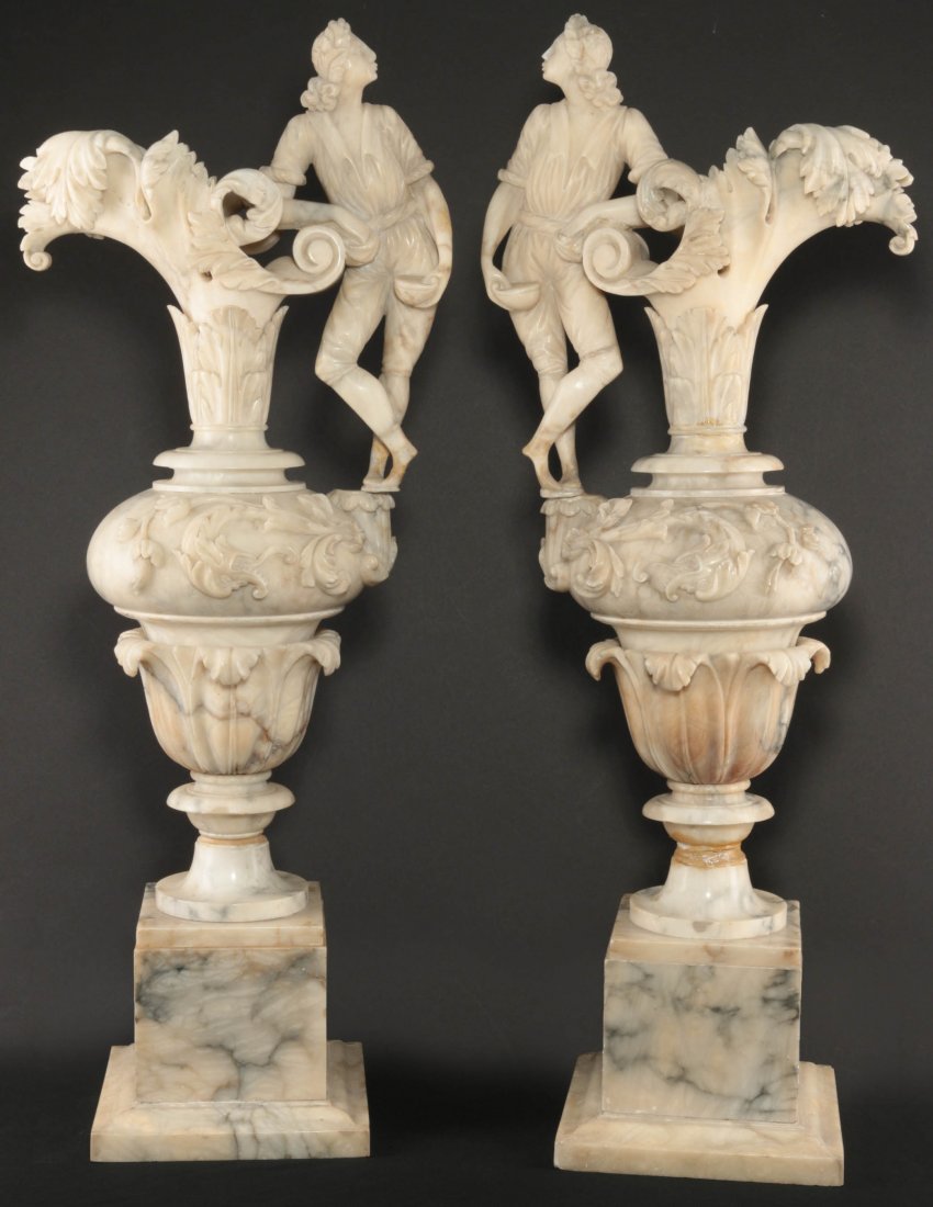 A PAIR EARLY 20TH C. 33-INCH CARVED ALABASTER EWERS (1 of 10)