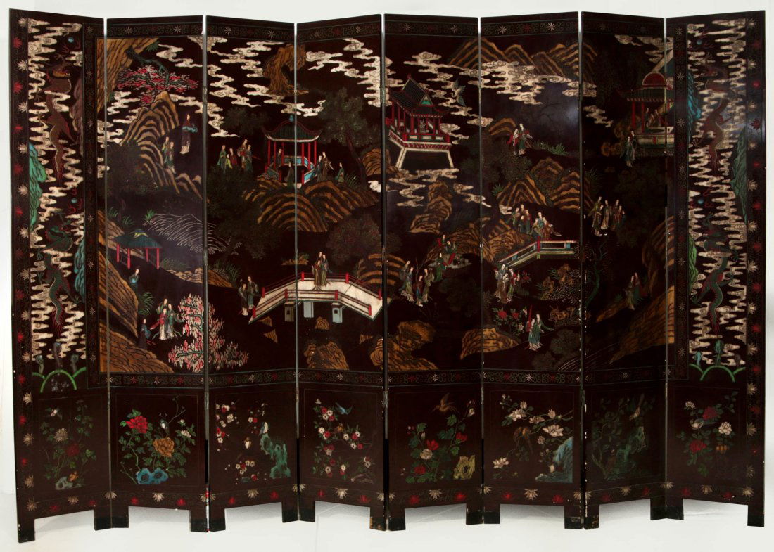 A CHINESE POLYCHROME LACQUERED EIGHT FOLD SCREEN (1 of 8)
