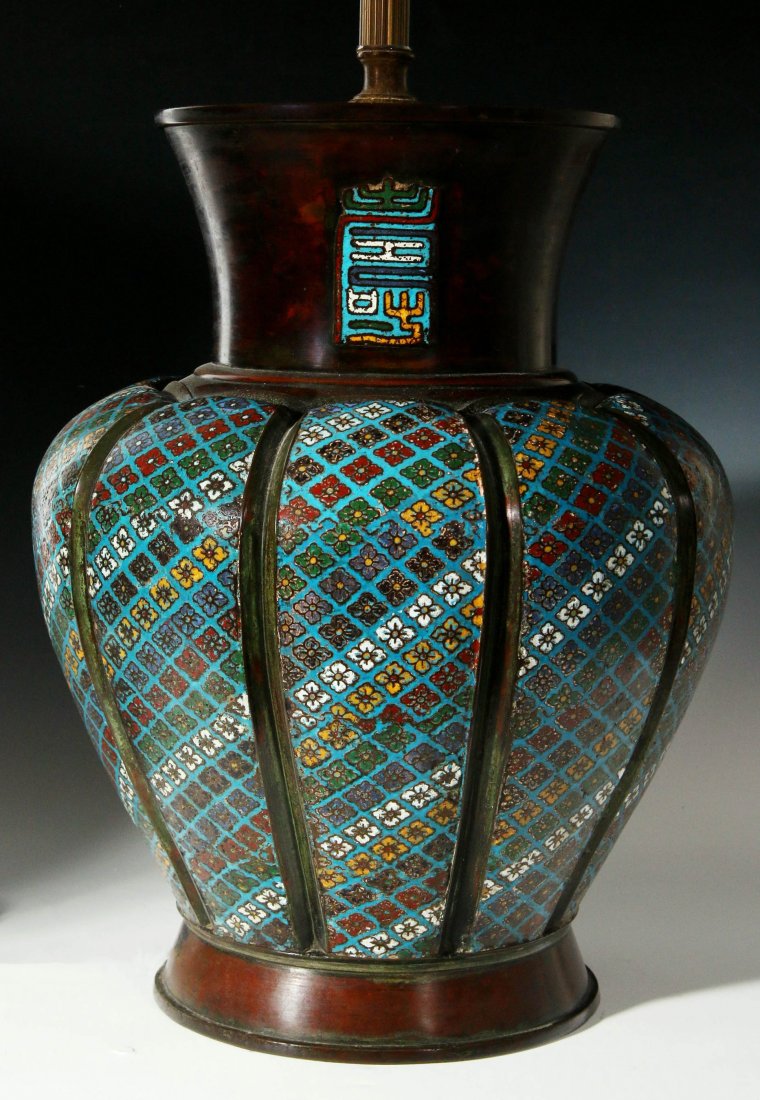 A LARGE CHINESE BRONZE CHAMPLEVE TABLE LAMP (1 of 8)