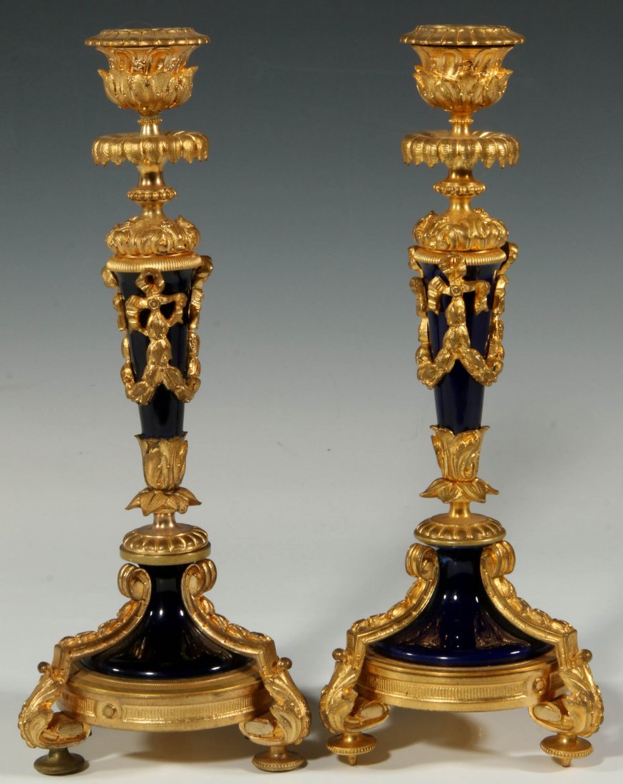 A PAIR ORMOLU CANDLESTICKS WITH SEVRES TYPE PORCELAIN (1 of 7)