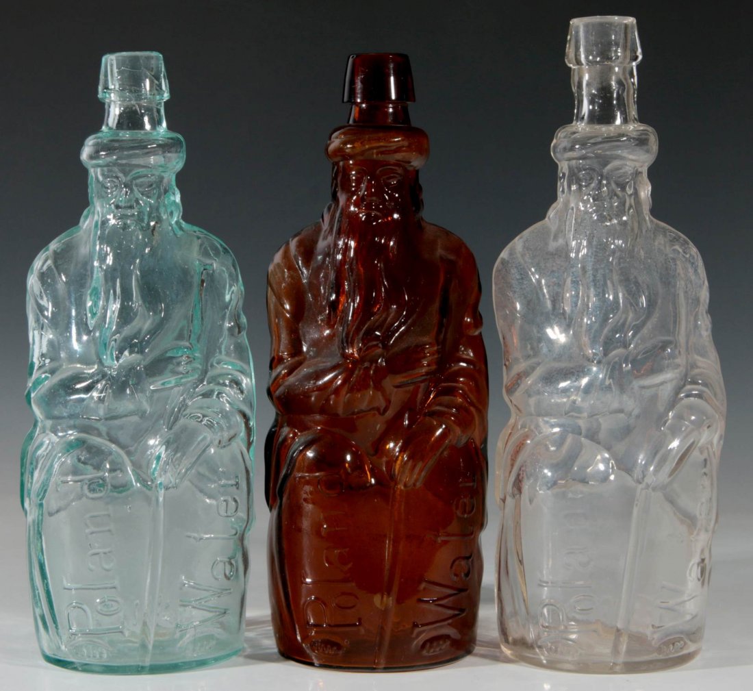 LATE 19TH C. POLAND SPRINGS MINERAL WATERS BOTTLES: Three different original 19th century American bottles with formed tapering applied collar necks. Each measures 11 to 11.75 inches. We ship in-house for all items with the exception of very large and 