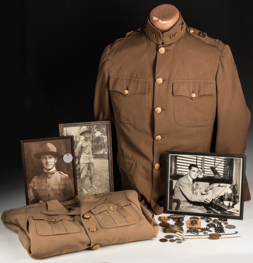 WWI MILITARY LOT WITH PRES. HARRISON SIGNED LETTER: The estate military collection of Benjamin O'Hara, father of Kansas City artist Jack O'Hara. Included is Benjamin O’Hara’s officer-quality OD worsted wool tunic with Aero Tailoring Company tag. Fo