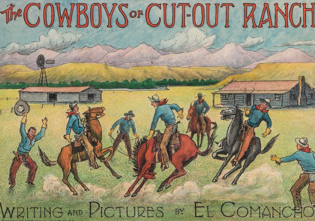 WALTER SHELLEY PHILLIPS (1867-1940) ILLUSTRATION: An original 1915 color illustration for 'The Cowboys of Cut-Out Ranch', pen, ink and watercolor on paper, sight size 11.5 x 16, frame measures 18.5 x 23 inches. We ship in-house for all items with the