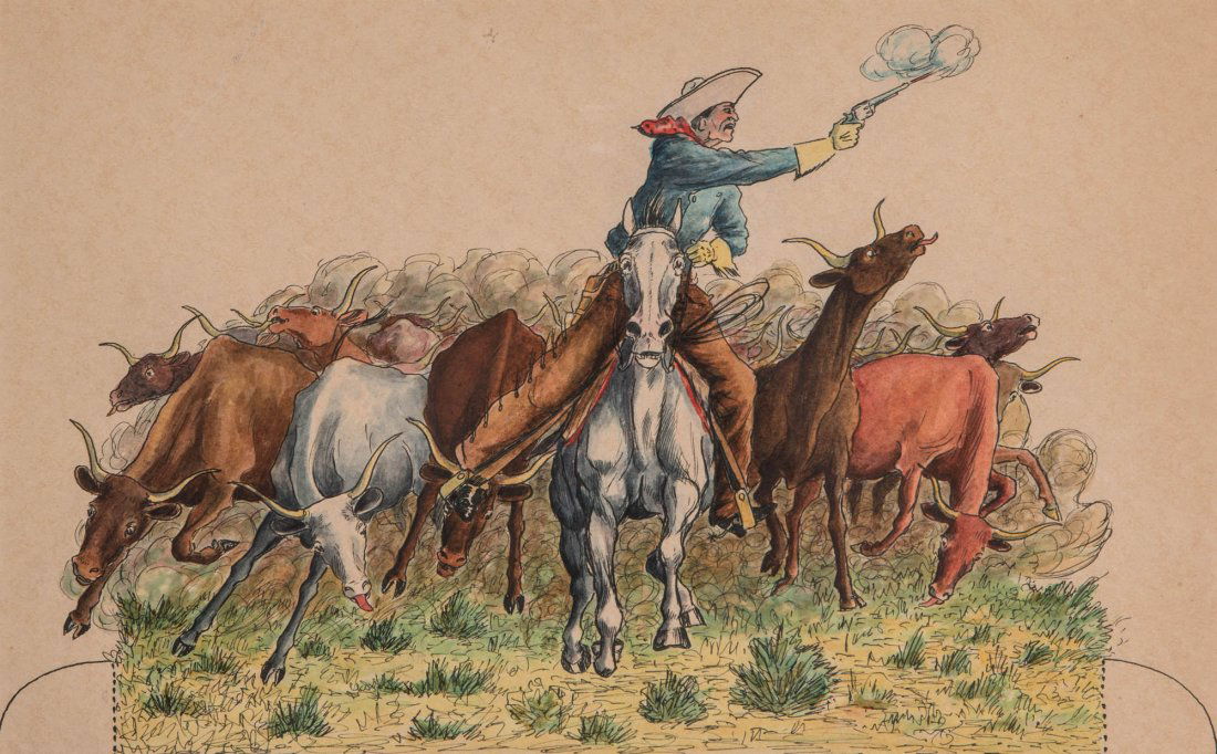 WALTER SHELLEY PHILLIPS (1867-1940) ILLUSTRATION: An original 1915 color illustration for 'The Cowboys of Cut-Out Ranch', pen, ink and watercolor on paper, sight size 10 x 16, frame measures 18.5 x 23 inches. We ship in-house for all items with the e