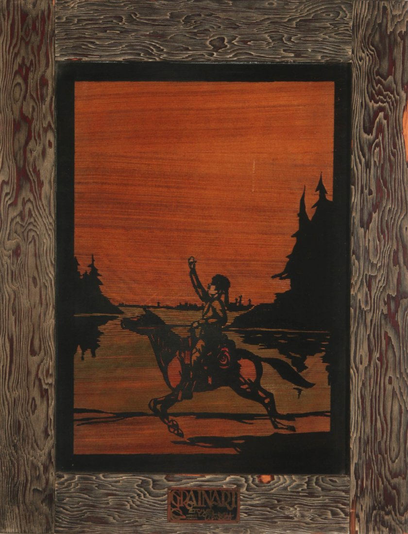 LONG-BELL 'GRAINART' EARLY 20TH C. ETCHED WOOD PANELS: Long-Bell Lumber Company of Washington and Kansas City, Missouri expanded into the decorative arts business with their line of Grainart wood panels picturing outdoor scenes etched on Douglas Fir panel
