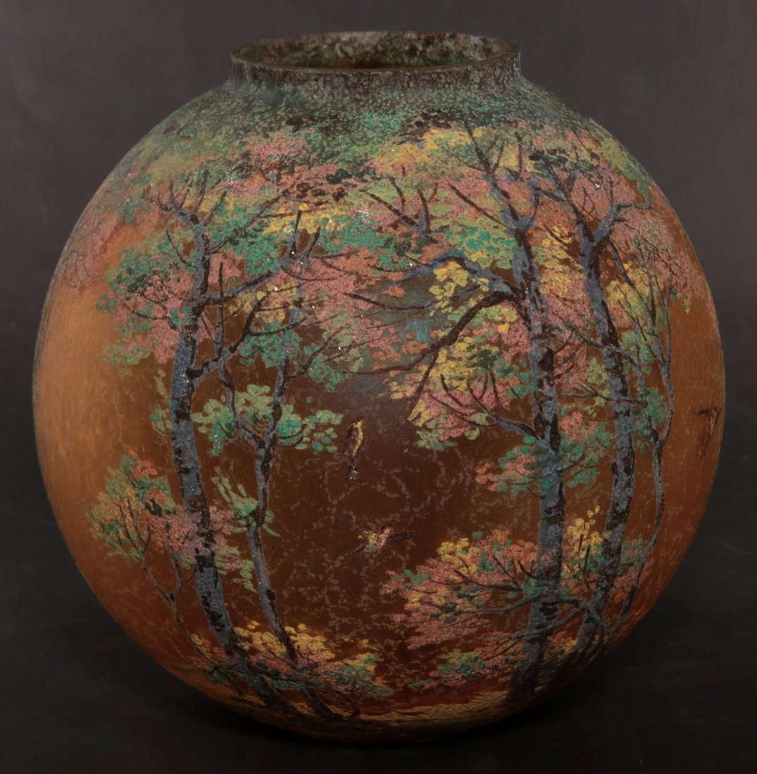 AN UNSIGNED HANDEL TEROMA GLASS GLOBE ONLY: The glass portion only to a Handel hanging light fixture, the decoration a hand painted woodland scene. No maker's name or artist's signature. Measures 9.5 x 9.75 inches. We ship in-house for all item
