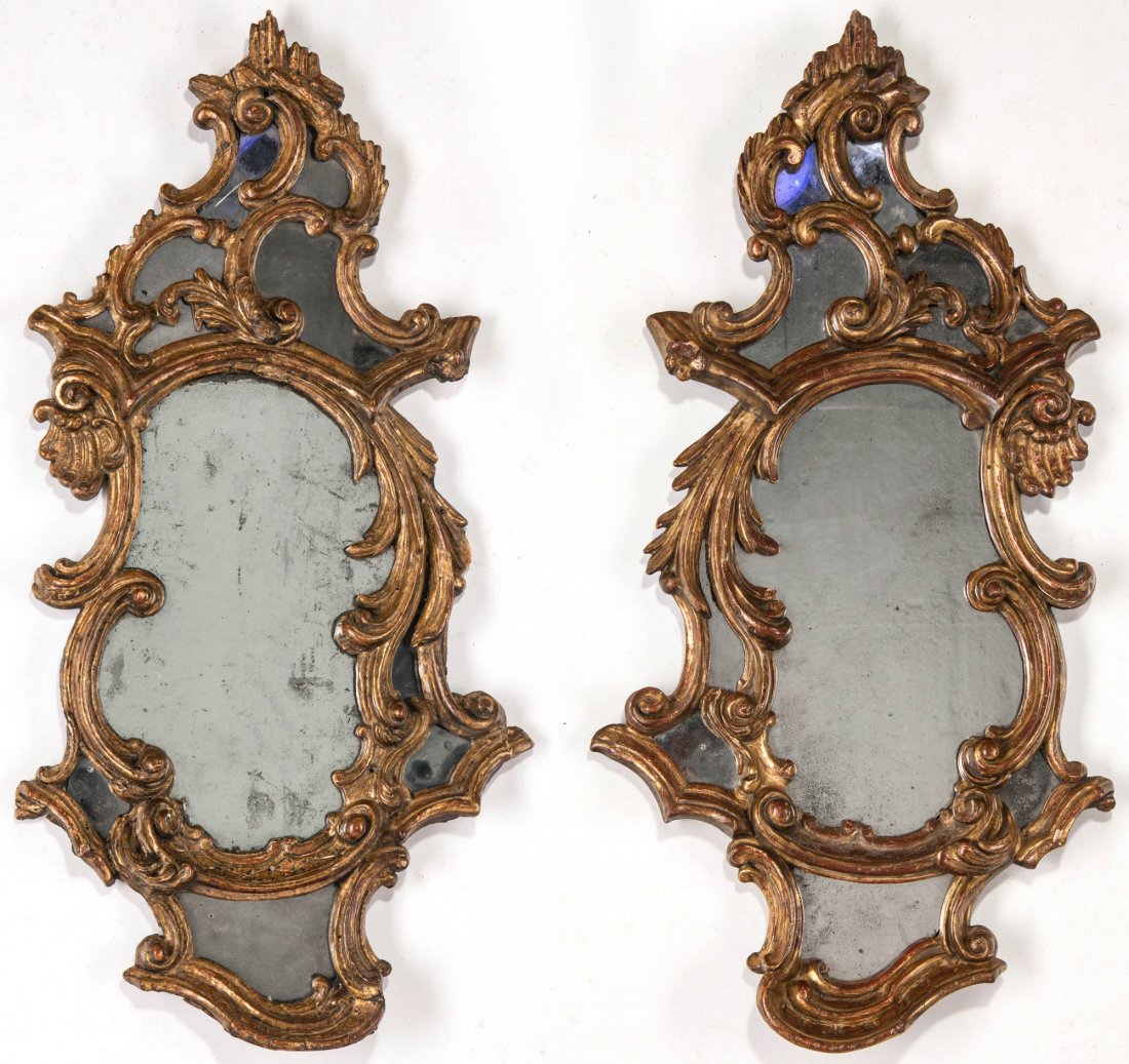 A VERY GOOD PAIR 18TH C. FRENCH OR ITALIAN MIRRORS: A nice small scale pair with central cartouche form plate surrounded by a number of asymmetrical compartments of rococo style throughout; old, if not original, variegated mirror plate and the original
