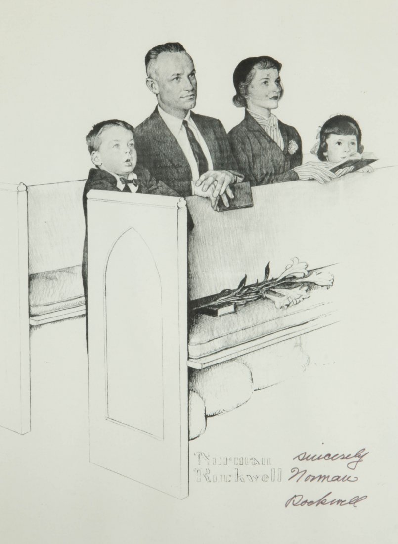 NORMAN ROCKWELL (1894-1978) SIGNED OFFSET LITHOGRAPHS: Two Norman Rockwell (1894-1978) offset lithographs of Massachusetts Mutual illustrations, 'Family Dinner Prayer' and 'Family at Church', each is hand signed in ink by the artist on the lower right, im