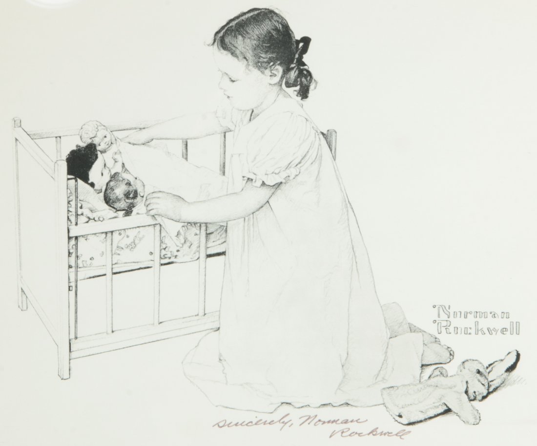NORMAN ROCKWELL (1894-1978) SIGNED OFFSET LITHOGRAPHS: Two Norman Rockwell (1894-1978) offset lithographs of Massachusetts Mutual illustrations, 'Dressing Up' and 'Doll Lullaby', each signed in ink by the artist on the lower right, sight sizes 13.5 x 10.5