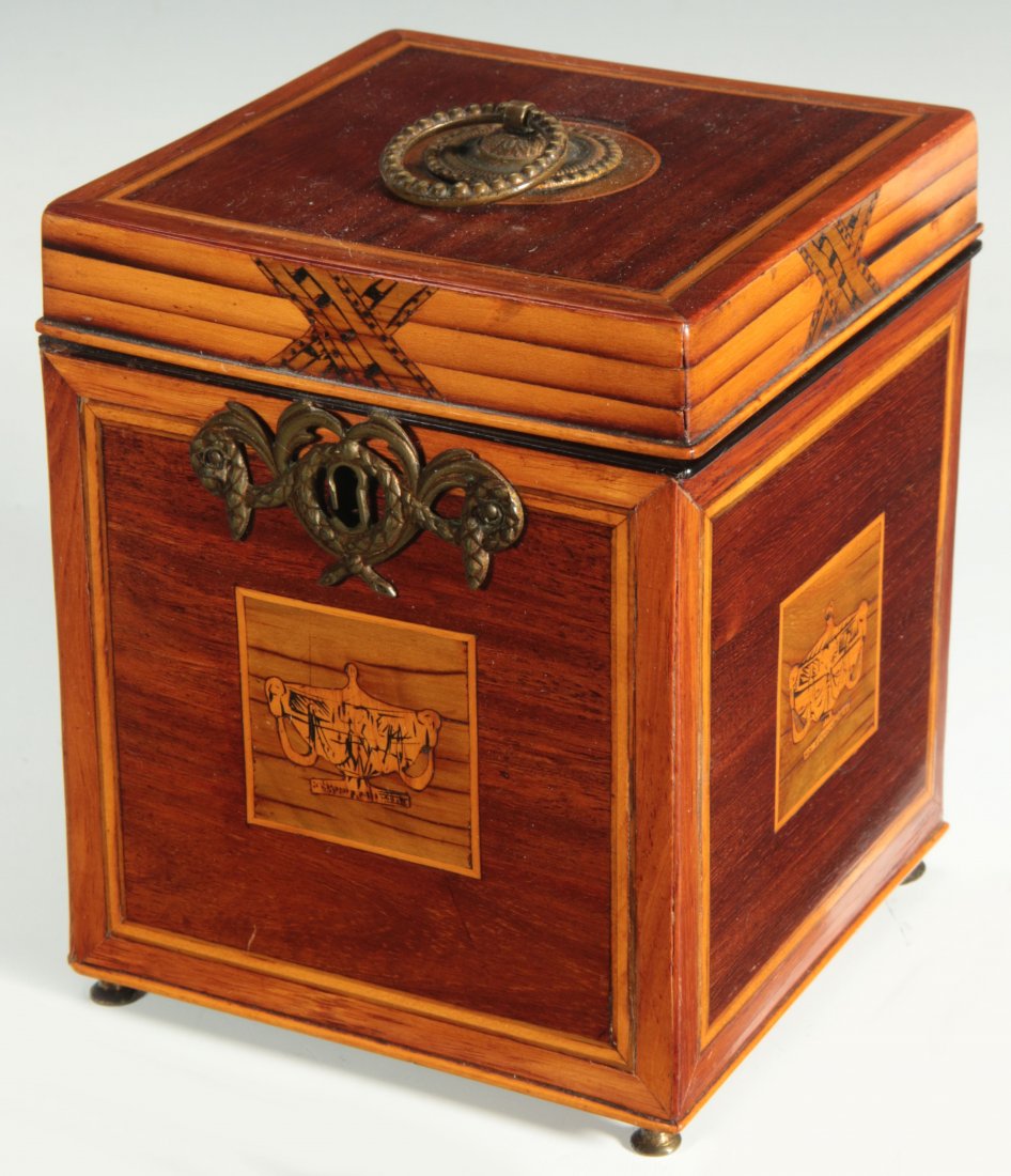 A 19TH CENTURY ADAM STYLE INLAID TEA CADDY / BOX: A very nice example of birch and satin wood inlays worked in mahogany woods. The interior has been altered and a finely made till has been added. Measures 5.75 x 4.75 inches. We ship in-house for all 