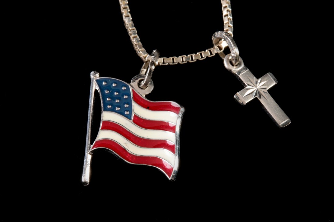 STERLING SILVER BOX CHAIN WITH TWO STERLING CHARMS: A 20 inch box link chain with cross and American flag charms. Weighs 0.15 ozt. We ship in-house for all items with the exception of very large and or very fragile pieces and some international shipmen