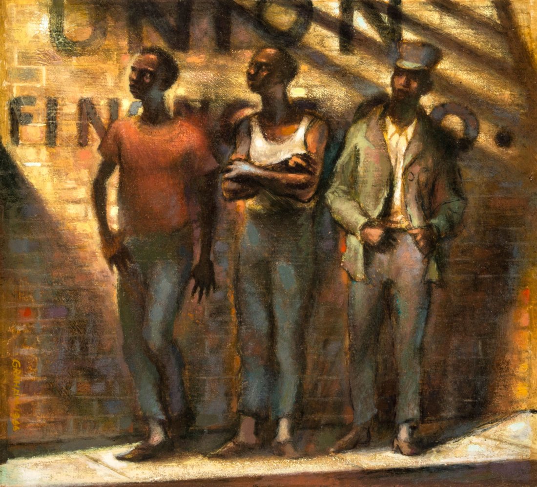 ROBERT MACDONALD GRAHAM (1919-2003) OIL ON BOARD: A classic Graham depiction of three young black men on a sidewalk below the shadows of a fire escape, each looking toward the light at an unknown happening. Signed lower left and dated 1966, board mea