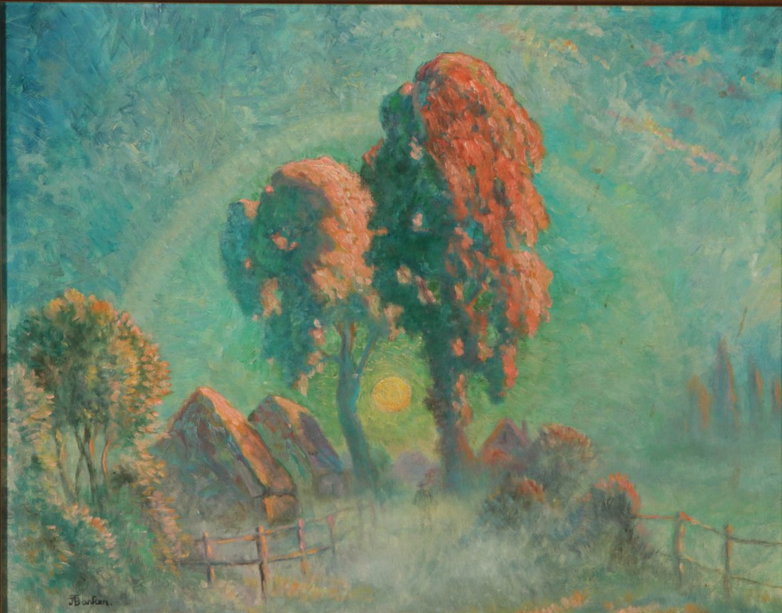 JAMES T. BARKER (BRITISH, B. 1884) OIL ON WOOD PANEL: Titled 'No. 1 Between the Sunset and the Moon' via a gallery label verso, signed lower left, board measures panel measures 19 x 15.5, frame measures 23 x 19 inches. We ship in-house for all items with