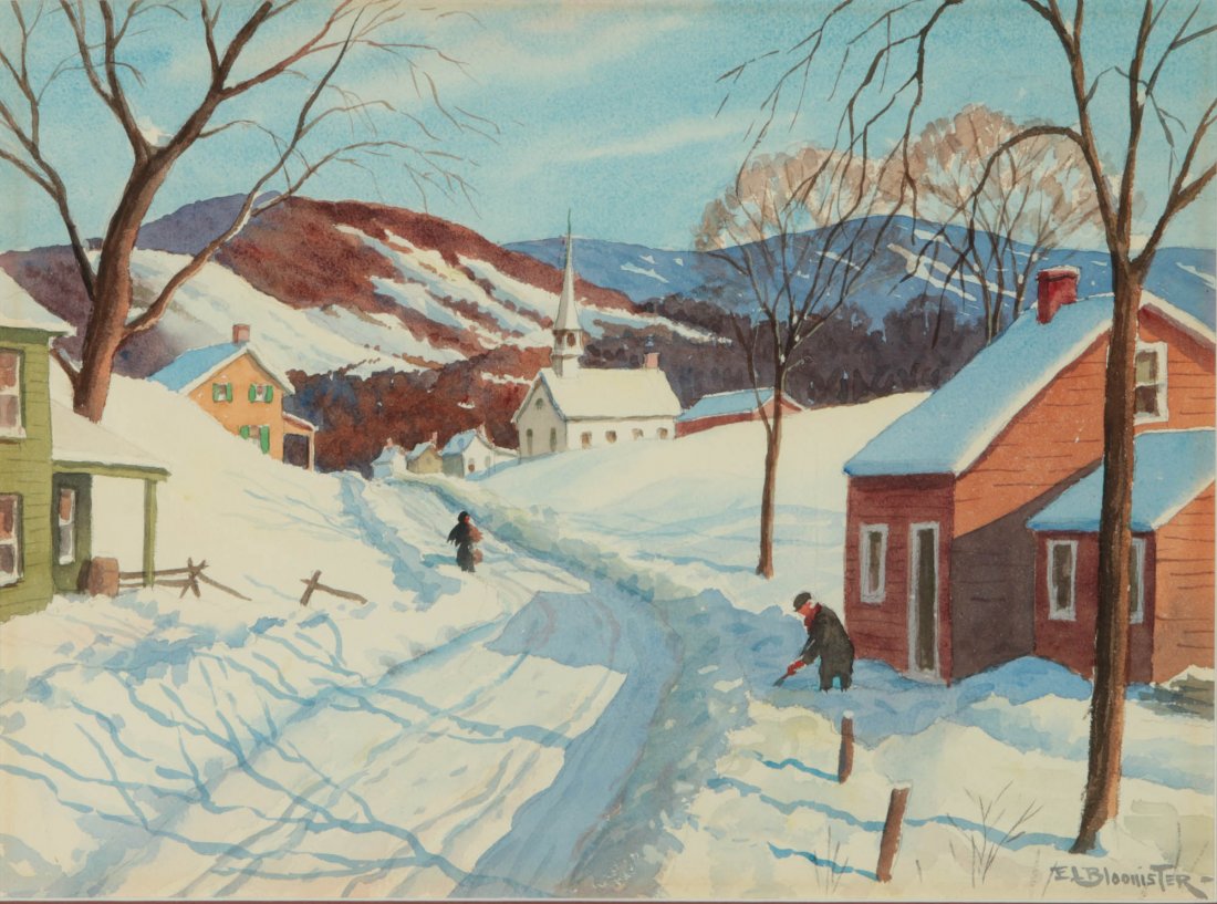 EDGAR BLOOMSTER (1895-1968) WATERCOLOR ON PAPER: A sunny day after the snow storm. Bloomster was an Illinois artist most associated with California though this landscape has a New England look. Signed lower right, sight size 12.75 x 17.25, frame mea