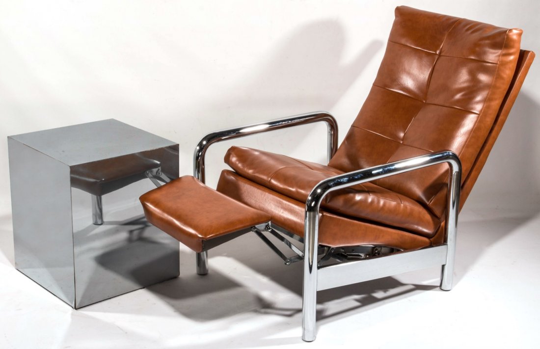 A THAYER COGGIN MODERN RECLINER ATTR MILO BAUGHMAN: A recliner with leather upholstery and dimensions of 40 x 27 x 28 inches. Plus a cube side table also attributed to Thayer Coggin, size of 20 x 17 inches. We ship in-house for all items with the excep