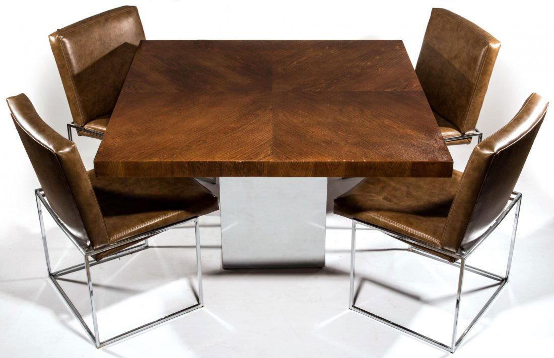 A MILO BAUGHMAN DINING SET FOR THAYER COGGIN: A square table with bookmarked contrasting veneer top on chrome cube base and accompanied by four dining chairs measuring 32 x 21 x 21 inches each. The dimensions of the table are 30 x 48 x 48 inches.