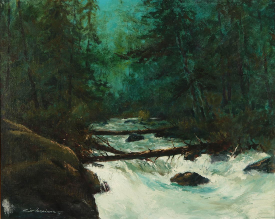 BILL HARRISON (KS OK 1934-1985) OIL ON CANVAS: Western artist Bill Harrison lived and worked in Wichita and Tulsa after attending the Kansas City Art Institute. This work signed and dated 1974 lower left, canvas measures We ship in-house for all i