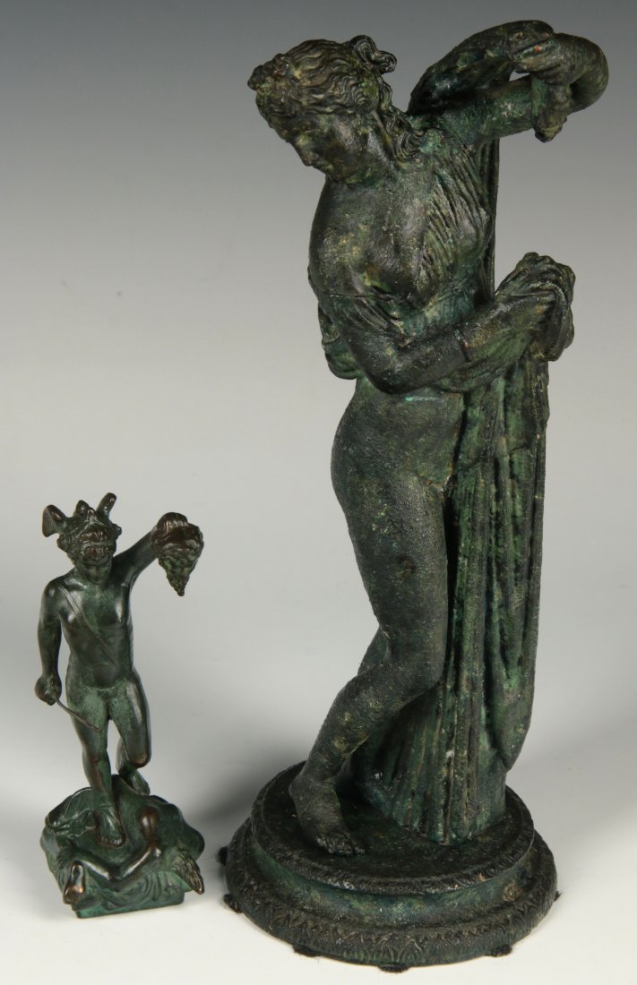 TWO GRAND TOUR TYPE BRONZE FIGURES AFTER ANTIQUITIES: A bronze figure of Venus with verdigris patina. The size is 10.25 x 4 inches. Plus a figure of Mercury 1.5 x 5 inches. There are no makings on either piece. We ship in-house for all items with the exc