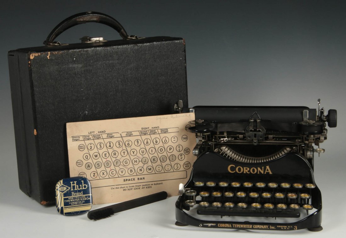 A CORONA MODEL 3 FOLDING PORTABLE TYPEWRITER: Box measures 11 x 9.75 x 4.75 inches. Typewriter measures 10.5 x 9.25 x 6.5 inches. We ship in-house for all items with the exception of very large and or very fragile pieces and some international sh