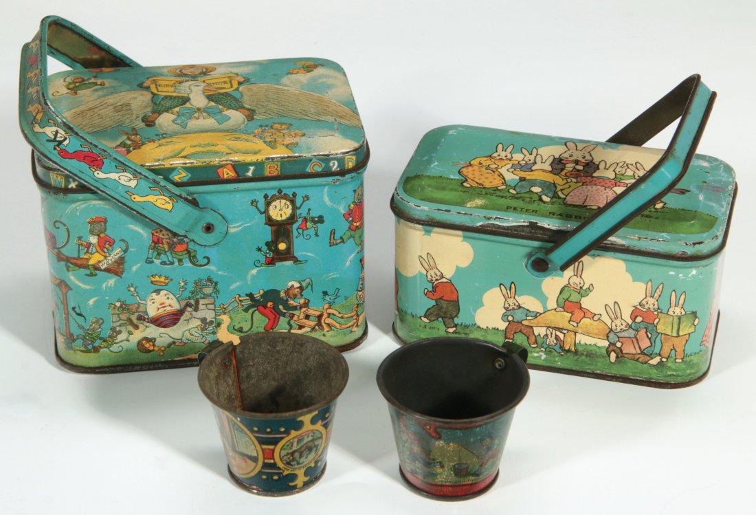 1930s TIN LITHO CHILD'S LUNCH PAILS WITH SWING HANDLES: Two different colorful tin litho pails with themes of Mother Goose and Peter Rabbit. Measure 3.25 x 5 x 3 and 2.5 x 4.75 x 2.75 inches. We ship in-house for all items with the exception of very large 
