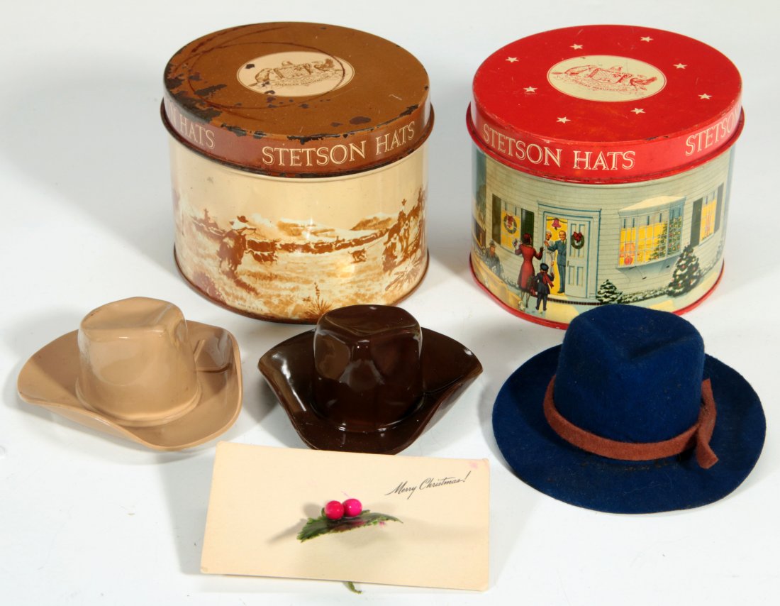 MINIATURE STETSON HAT SAMPLES AND TINS: Hats measure 3.5 to 4 inches, tins measure 3 x 4.75 x 4 inches. We ship in-house for all items with the exception of very large and or very fragile pieces and some international shipments.