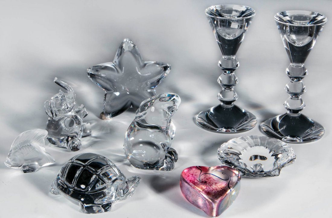BACCARAT CRYSTAL ITEMS, PLUS LALIQUE & ROBERT HELD: Baccarat crystal candlestick pair, turtle, rabbit, elephant, seashell and star, all are signed, measure 3 to 5.25 inches. Plus a Lalique fish, signed on the base, measures 2 inches. And a Robert Held 